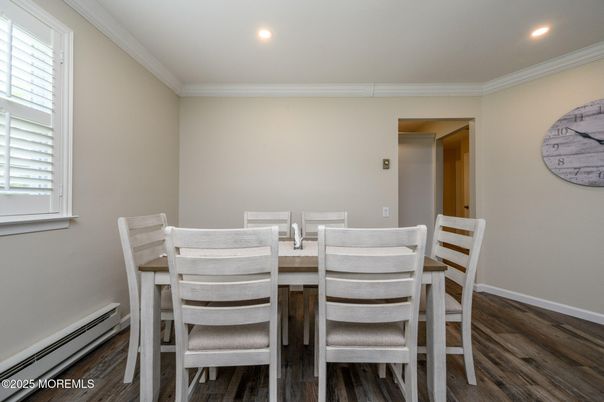 Dining room, Interior, Recessed Lighting, Wood Texture Flooring