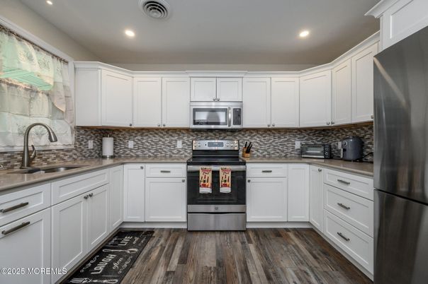 Interior, Kitchen, Recessed Lighting, Stainless Steel Appliances, Wood Texture Flooring