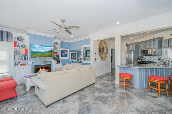Fireplace, Interior, Kitchen, Living room, Pendant Lights, Recessed Lighting, Stainless Steel Appliances