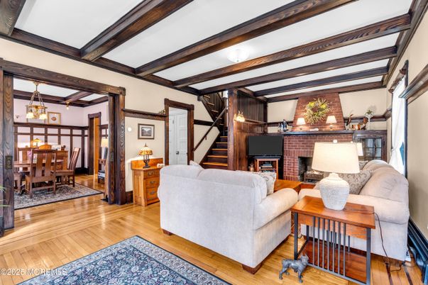 Dining room, Fireplace, Interior, Living room, Pendant Lights, Wooden Beams, Wood Texture Flooring