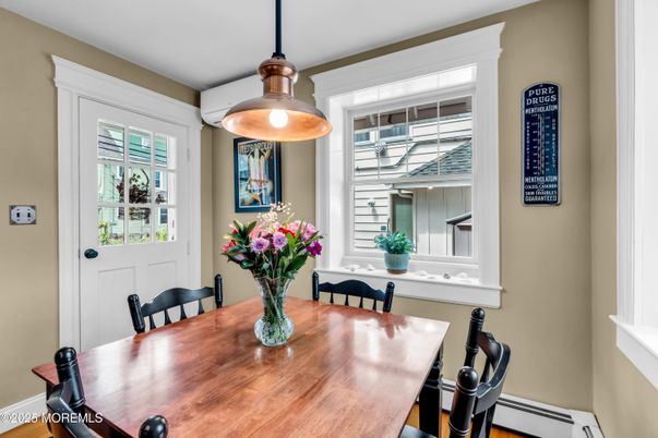 Dining room, Interior, Pendant Lights, Wood Texture Flooring