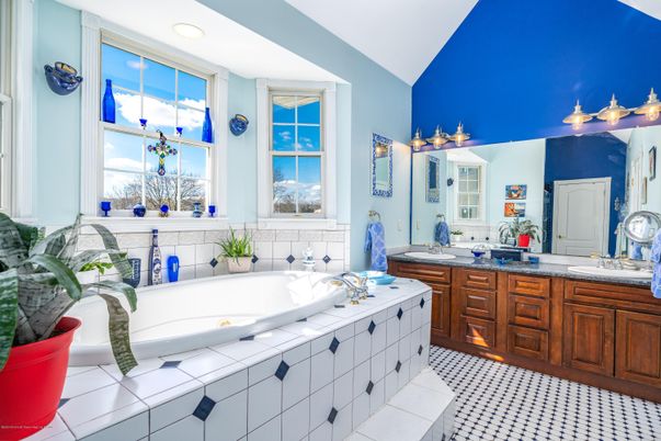 Bathroom, Dual Sink Vanities, Interior, Recessed Lighting, Tile Countertops