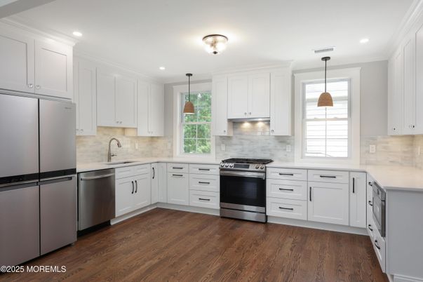 Interior, Kitchen, Pendant Lights, Recessed Lighting, Stainless Steel Appliances, Wood Texture Flooring