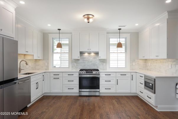 Interior, Kitchen, Pendant Lights, Recessed Lighting, Stainless Steel Appliances, Wood Texture Flooring