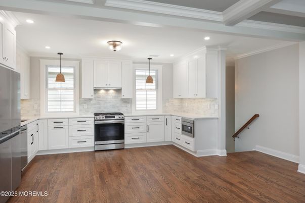 Interior, Kitchen, Pendant Lights, Recessed Lighting, Stainless Steel Appliances, Wood Texture Flooring