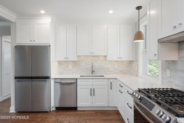 Interior, Kitchen, Pendant Lights, Recessed Lighting, Stainless Steel Appliances, Wood Texture Flooring