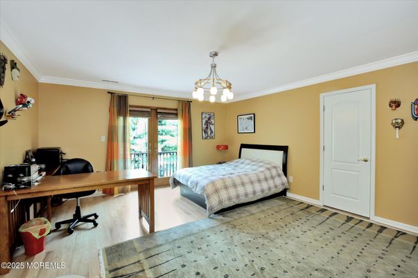 Bedroom, Chandelier, Home Office, Interior, Wood Texture Flooring