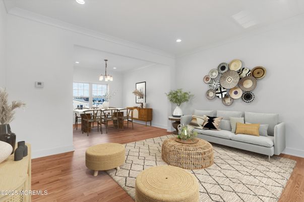 Chandelier, Dining room, Interior, Living room, Pendant Lights, Recessed Lighting, Wood Texture Flooring