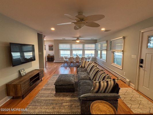 Dining room, Interior, Living room, Recessed Lighting, Wood Texture Flooring