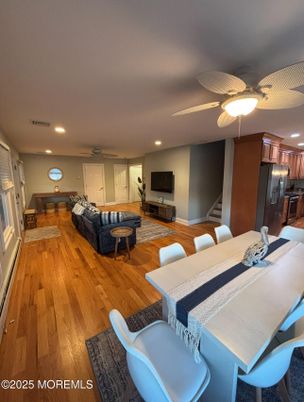Dining room, Interior, Kitchen, Living room, Recessed Lighting, Stainless Steel Appliances, Wood Texture Flooring