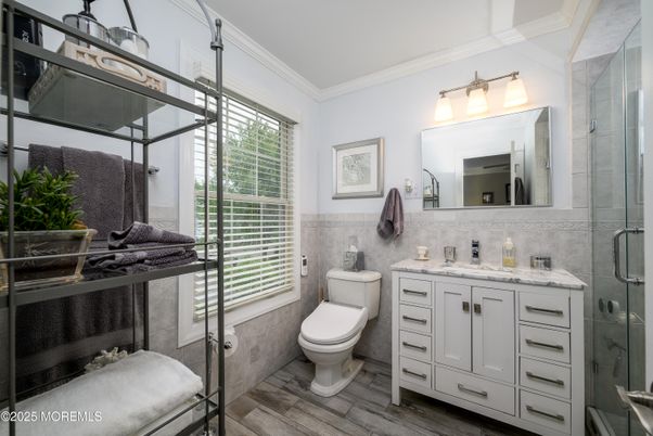 Bathroom, Glass Shower, Interior, Wood Texture Flooring