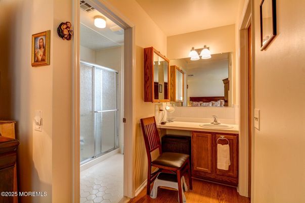 Bathroom, Glass Shower, Interior, Wood Texture Flooring