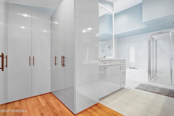 Bathroom, Glass Shower, Interior, Wood Texture Flooring