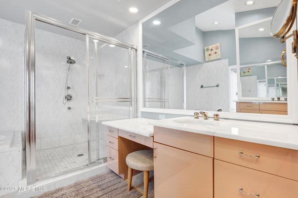 Bathroom, Glass Shower, Interior, Marble Walls, Recessed Lighting