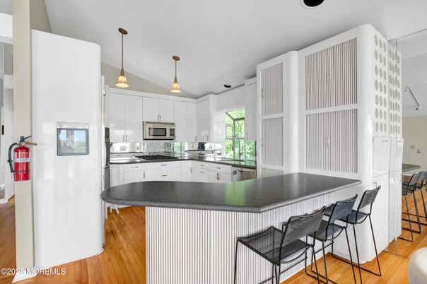 Interior, Kitchen, Pendant Lights, Stainless Steel Appliances, Wood Texture Flooring