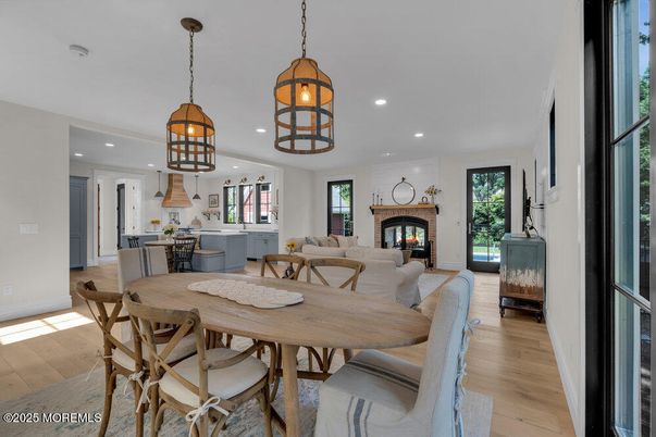 Dining room, Fireplace, Interior, Kitchen, Living room, Pendant Lights, Recessed Lighting, Wood Texture Flooring