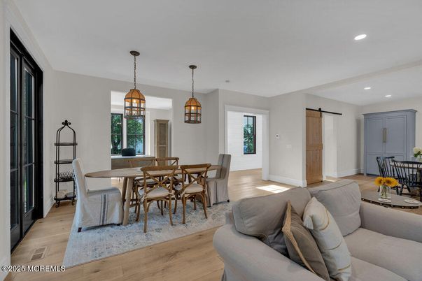 Dining room, Interior, Pendant Lights, Recessed Lighting, Wood Texture Flooring