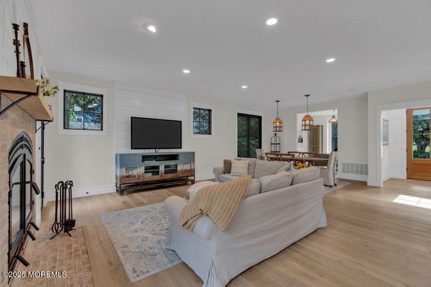 Dining room, Interior, Living room, Pendant Lights, Recessed Lighting, Wood Texture Flooring