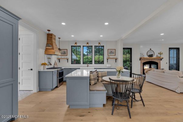 Fireplace, Interior, Kitchen, Living room, Pendant Lights, Recessed Lighting, Wood Texture Flooring