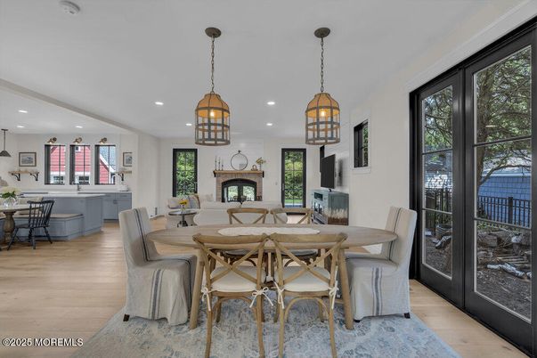 Dining room, Fireplace, Interior, Kitchen, Pendant Lights, Recessed Lighting, Wood Texture Flooring