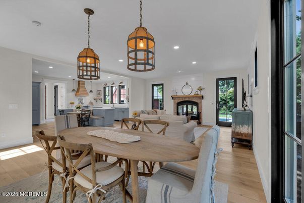 Dining room, Fireplace, Interior, Kitchen, Living room, Pendant Lights, Recessed Lighting, Wood Texture Flooring
