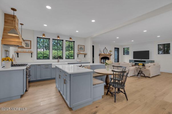 Dining room, Interior, Kitchen, Living room, Recessed Lighting, Wood Texture Flooring