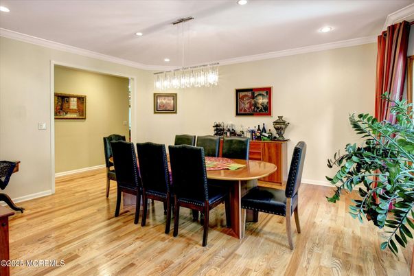 Dining room, Interior, Pendant Lights, Recessed Lighting, Wood Texture Flooring