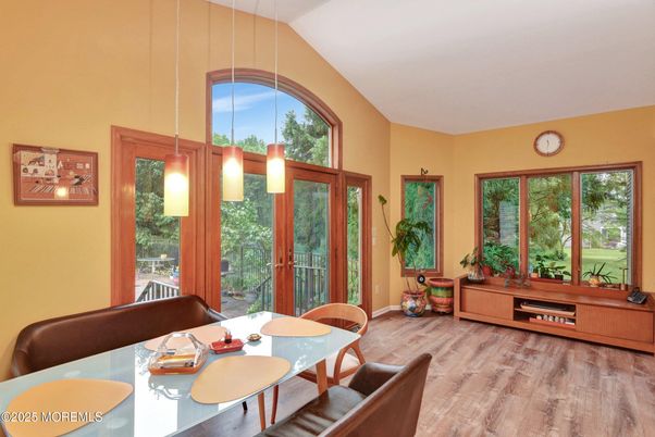 Dining room, Interior, Pendant Lights, Wood Texture Flooring