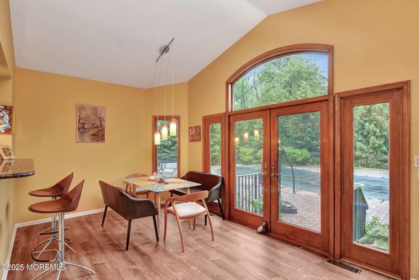 Dining room, Interior, Pendant Lights, Wood Texture Flooring