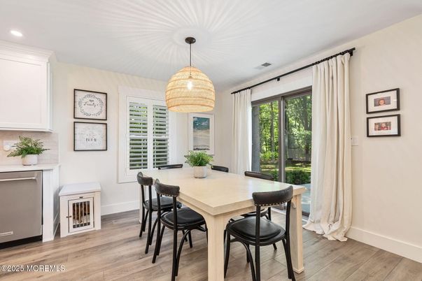 Dining room, Interior, Pendant Lights, Recessed Lighting, Wood Texture Flooring