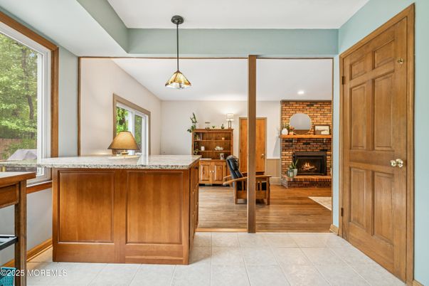 Fireplace, Interior, Pendant Lights, Recessed Lighting, Wood Texture Flooring