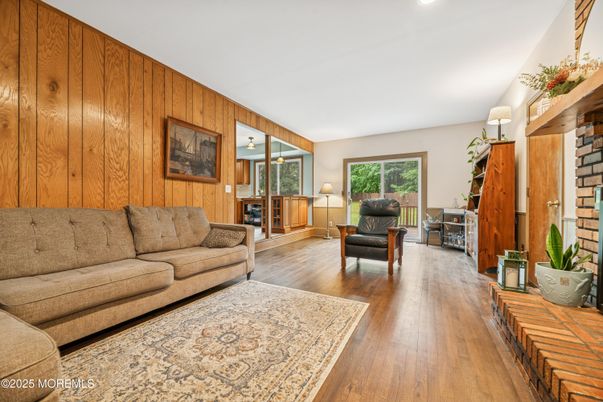 Interior, Living room, Recessed Lighting, Wood Texture Flooring, Wooden Walls