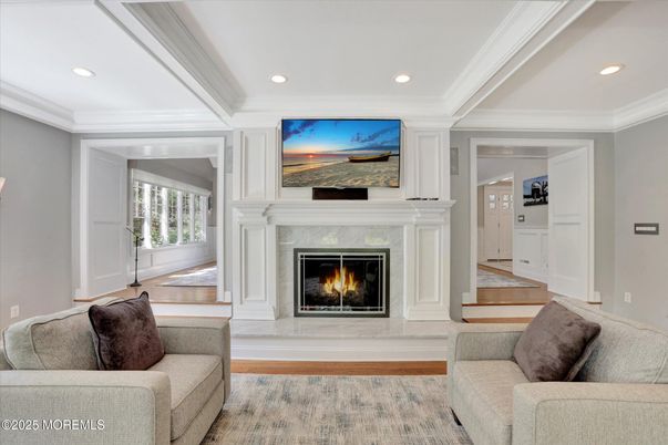 Fireplace, Interior, Living room, Recessed Lighting, Wood Texture Flooring