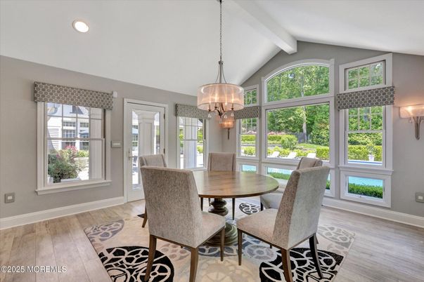 Chandelier, Dining room, Interior, Recessed Lighting, Wood Texture Flooring