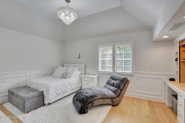 Bedroom, Chandelier, Interior, Recessed Lighting, Wood Texture Flooring