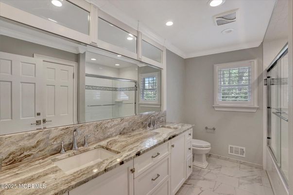 Bathroom, Glass Shower, Interior, Marble, Recessed Lighting