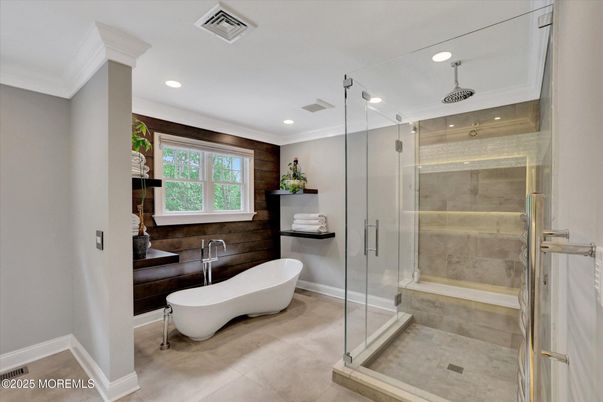 Bathroom, Free Standing Baths, Glass Shower, Interior, Recessed Lighting
