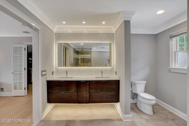 Bathroom, Dual Sink Vanities, Interior, Recessed Lighting, Wood Texture Flooring