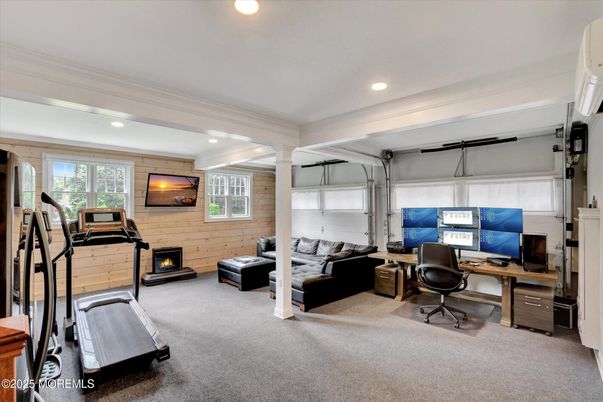 Fireplace, Fitness Equipment, Home Office, Interior, Recessed Lighting, Stone Walls