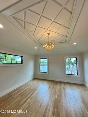 Chandelier, Empty room, Interior, Recessed Lighting, Wood Texture Flooring