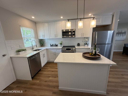 Interior, Kitchen, Pendant Lights, Recessed Lighting, Stainless Steel Appliances, Wood Texture Flooring