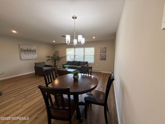 Chandelier, Dining room, Interior, Living room, Pendant Lights, Recessed Lighting, Wood Texture Flooring