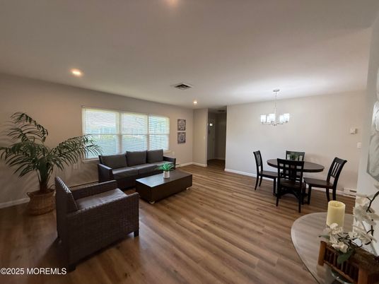 Chandelier, Dining room, Interior, Living room, Recessed Lighting, Wood Texture Flooring