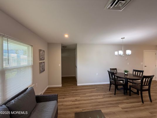 Chandelier, Dining room, Interior, Recessed Lighting, Wood Texture Flooring