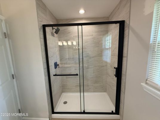 Bathroom, Glass Shower, Interior, Marble Walls, Recessed Lighting