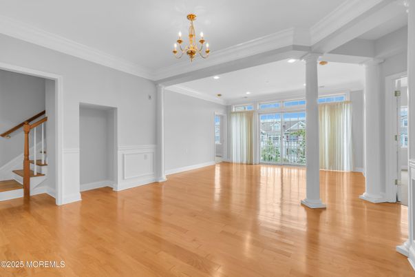 Chandelier, Empty room, Interior, Recessed Lighting, Wood Texture Flooring