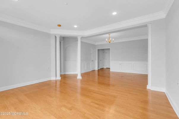Chandelier, Empty room, Interior, Recessed Lighting, Wood Texture Flooring