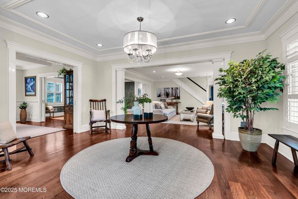 Chandelier, Interior, Living room, Recessed Lighting, Wood Texture Flooring