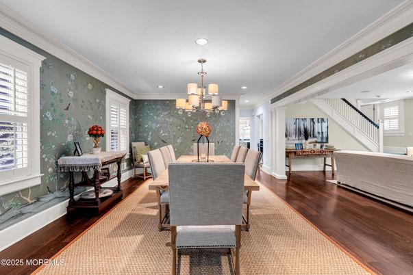 Chandelier, Dining room, Interior, Recessed Lighting, Wood Texture Flooring