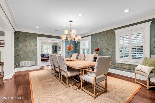 Chandelier, Dining room, Interior, Recessed Lighting, Wood Texture Flooring